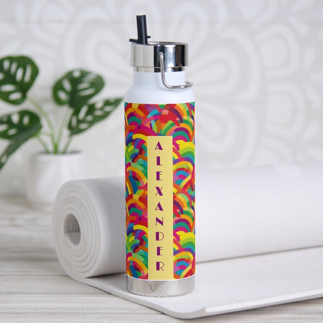 Retro Rainbow No3 pattern Personalized Name Water Bottle (Yoga)