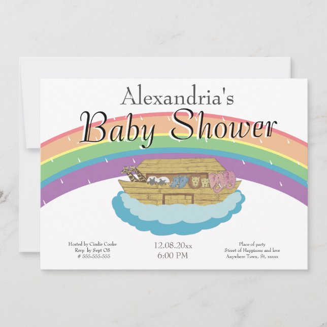 Retro Rainbow Noah's Ark Baby Shower invitation (Front)