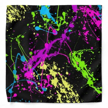 Retro Rainbow Of Neon Paint Splatters On Black Bandana by cutencomfy at Zazzle