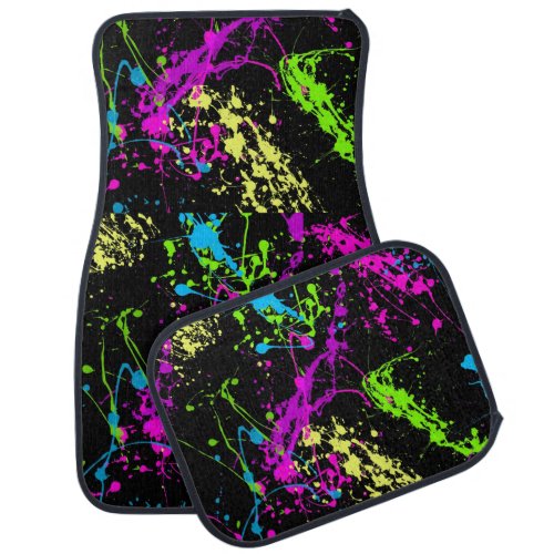 Retro Rainbow of Neon Paint Splatters on Black Car Floor Mat