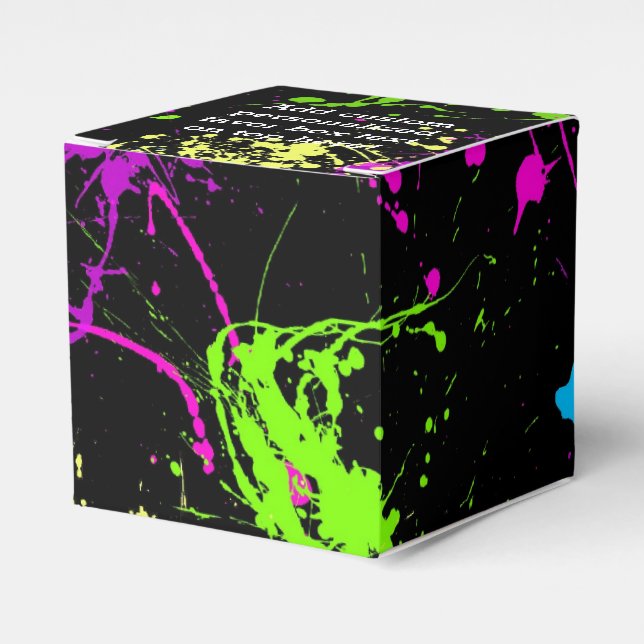 Retro Rainbow of Neon Paint Splatters on Black Favor Boxes (Front Side)