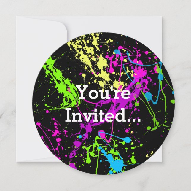 Retro Rainbow of Neon Paint Splatters on Black Invitation (Front)