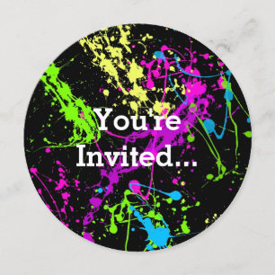 Retro Rainbow of Neon Paint Splatters on Black Invitation