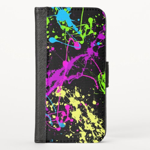 Retro Rainbow of Neon Paint Splatters on Black iPhone X Wallet Case