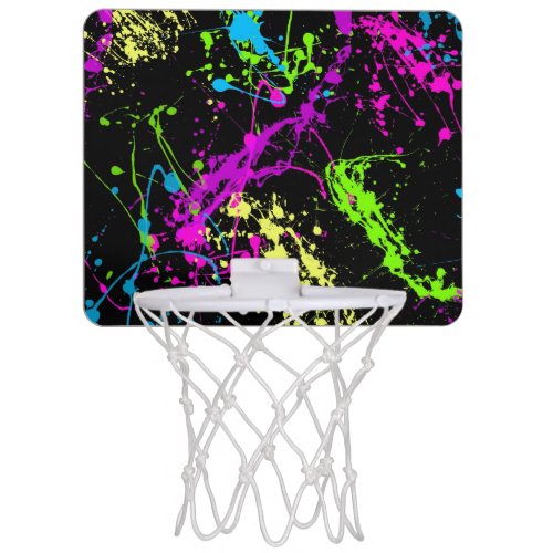 Retro Rainbow of Neon Paint Splatters on Black Mini Basketball Hoop
