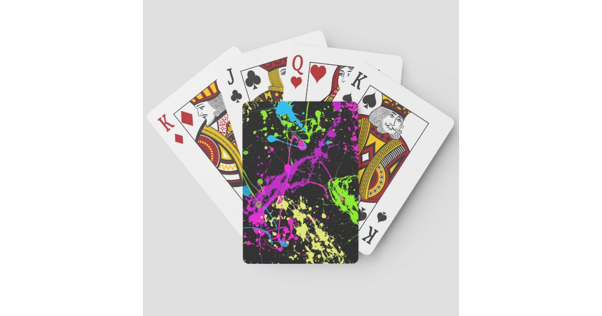 Retro Rainbow Of Neon Paint Splatters On Black Playing Cards