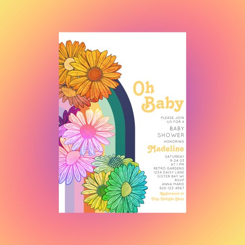 Retro Rainbow Oh Baby Daisy Baby Shower Invitation