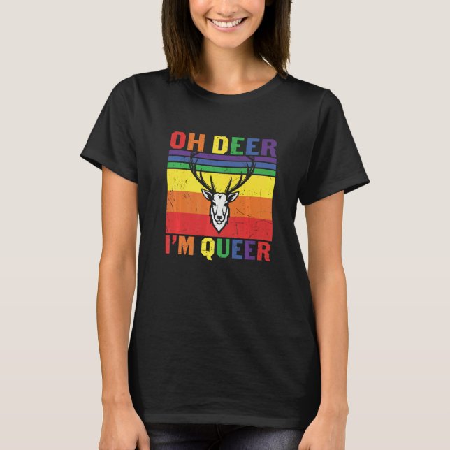 Retro Rainbow Oh Deer I'm Queer  Lesbian Gay Lgbtq T-Shirt (Front)