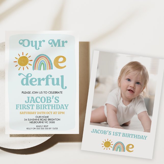 Retro Rainbow Our Mr Onederful 1st Birthday  Invitation (Sun and rainbow our mr onderful 1st birthday invitation, mr onderful first birthday invite, retro)