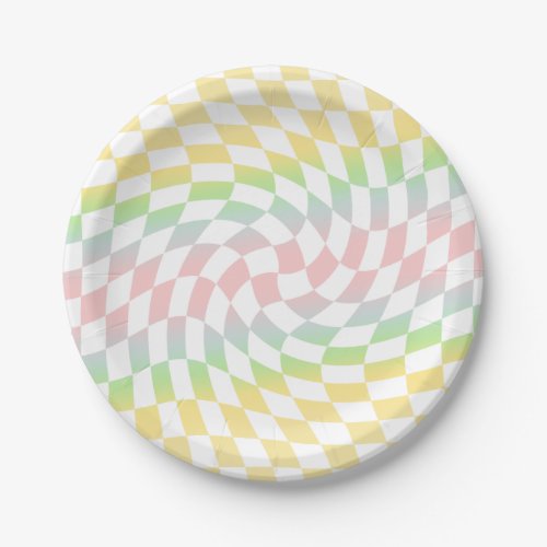 Retro Rainbow Pastel Checks Warped Checkerboard  Paper Plates