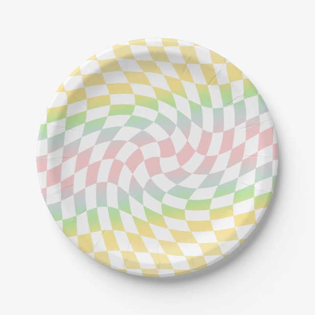 Retro Rainbow Pastel Checks Warped Checkerboard  Paper Plates (Front)