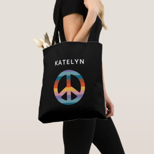 Retro Rainbow Peace Sign Personalized Name  Tote Bag