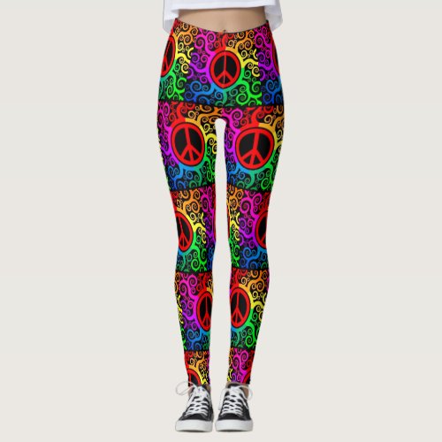 Retro Rainbow Peace Signs and Squiggles Yoga Leggings