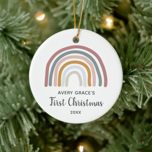 Retro Rainbow Personalized Babys First Christmas Ceramic Ornament