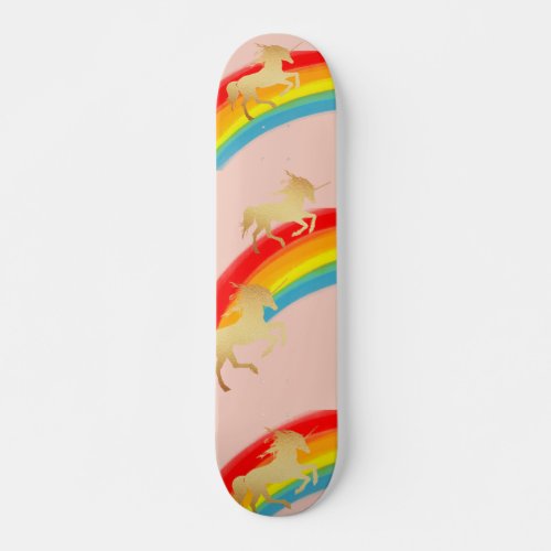 Retro Rainbow Pink Sky Golden Unicorns Skateboard