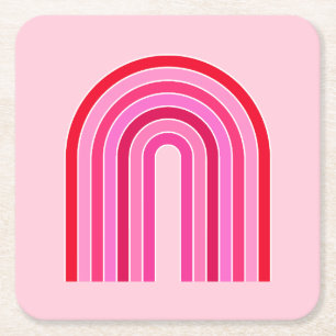 Retro Rainbow Preppy Pink And Red Arch Square Paper Coaster