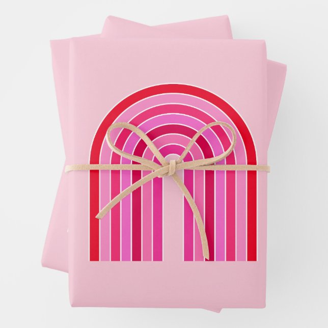 Retro Rainbow Preppy Pink And Red Arch Wrapping Paper Sheets (In situ)