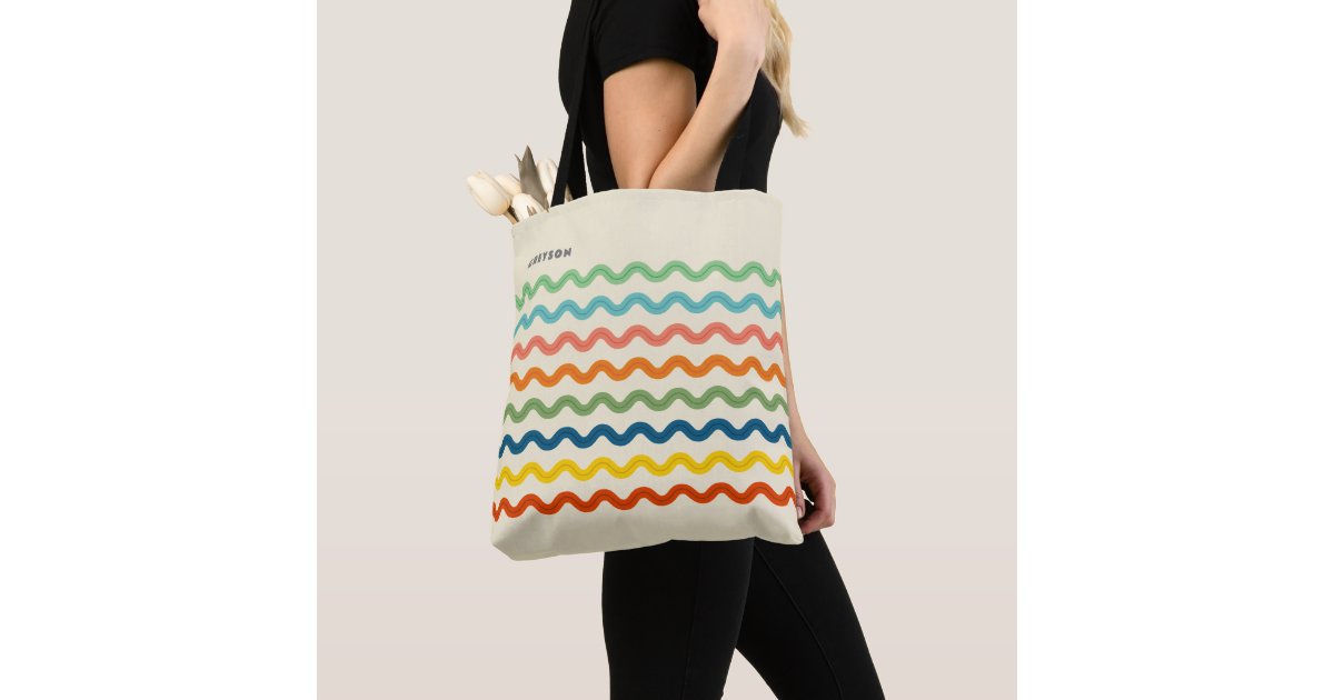 Retro Rainbow Ric Rac Stripes with Name Tote Bag | Zazzle