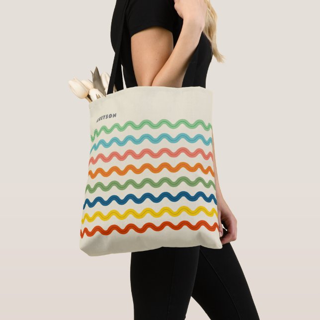 Retro Rainbow Ric Rac Stripes with Name Tote Bag (Close Up)