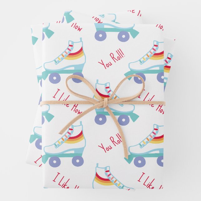 Retro Rainbow Roller Skate Valentine's Day Wrapping Paper Sheets (In situ)