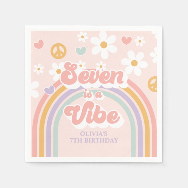 Retro Rainbow Seven is a Vibe 7th Birthday Napkins (Front)