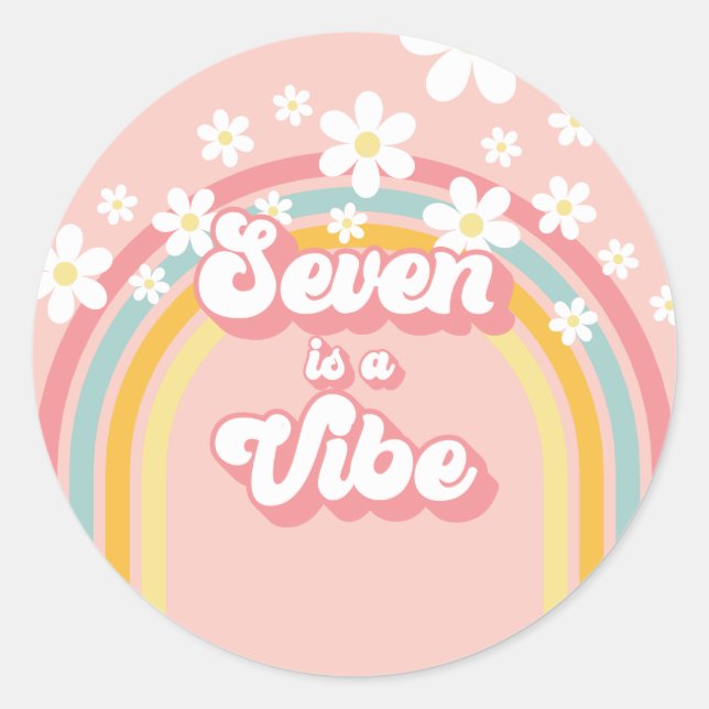 Retro Rainbow Seven is a Vibe Groovy 7th Birthday Classic Round Sticker (Front)
