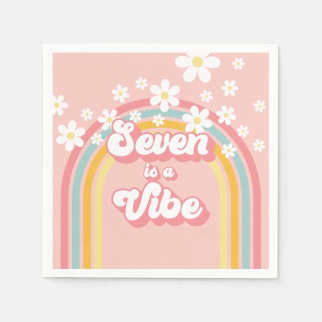 Retro Rainbow Seven is a Vibe Groovy 7th Birthday Napkins (Front)
