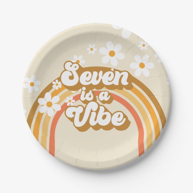Retro Rainbow Seven is a Vibe Groovy 7th Birthday Paper Plates (Front)