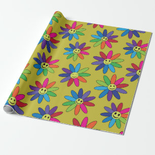Retro  Rainbow smiling flowers  pattern Wrapping Paper