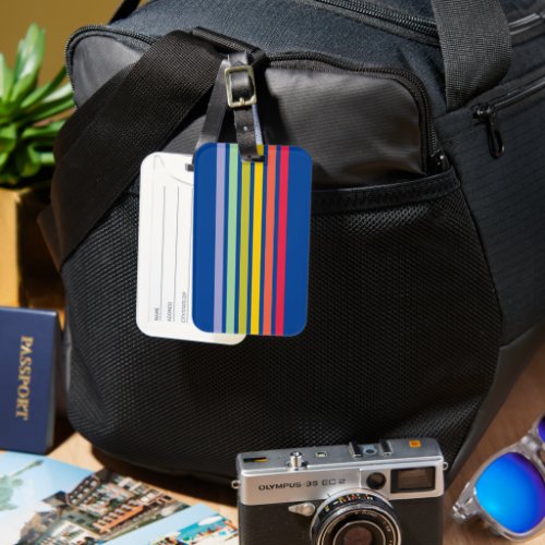 Retro Rainbow Stripe Blue Luggage Tag