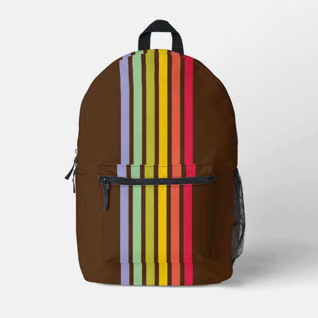 Retro Rainbow Stripe Brown Vintage Printed Backpack (Front)
