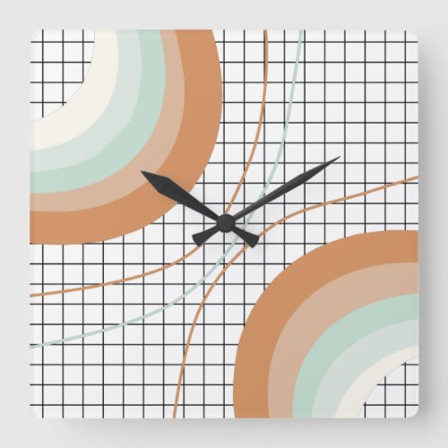 Retro rainbow stripes minimalist grid pattern square wall clock