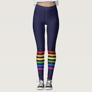 Retro Rainbow Stripes Navy Blue Monogrammed Heart Leggings
