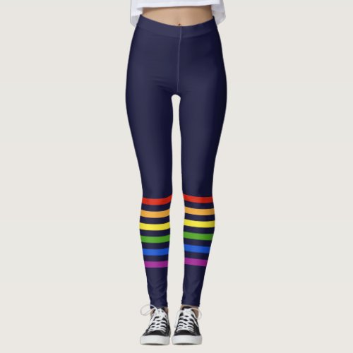 Retro Rainbow Stripes Navy Blue Monogrammed Heart Leggings