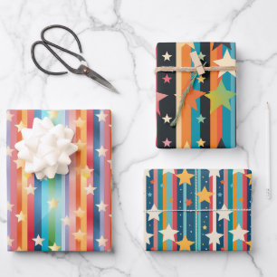 Retro Rainbow Stripes & Stars Colorful Design Wrapping Paper Sheets