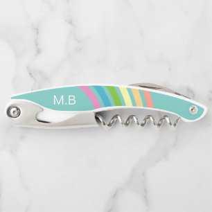 Retro Rainbow Stripes Teal Monogram Waiter's Corkscrew