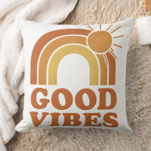 Retro Rainbow Sun "Good Vibes" Throw Pillow