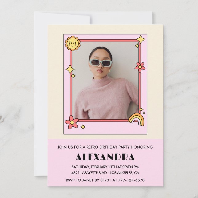Retro Rainbow Sun Photo Pink 39th birthday Invitation (Front)