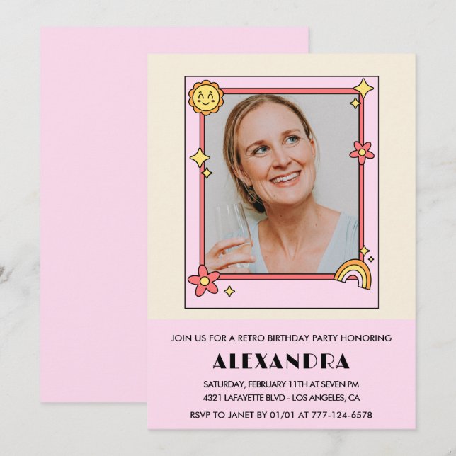 Retro Rainbow Sun Photo Pink 63rd birthday Invitation (Front/Back)
