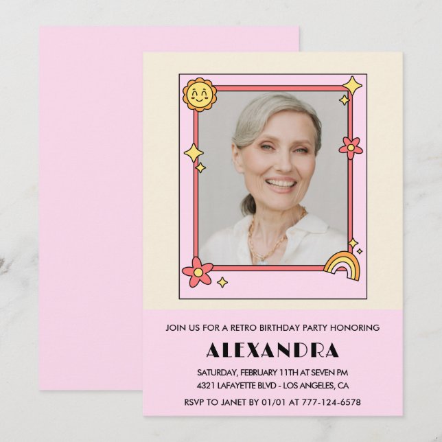 Retro Rainbow Sun Photo Pink 77th birthday Invitation (Front/Back)