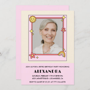Retro Rainbow Sun Photo Pink 77th birthday Invitation