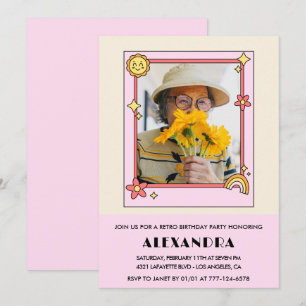 Retro Rainbow Sun Photo Pink 96th birthday Invitation