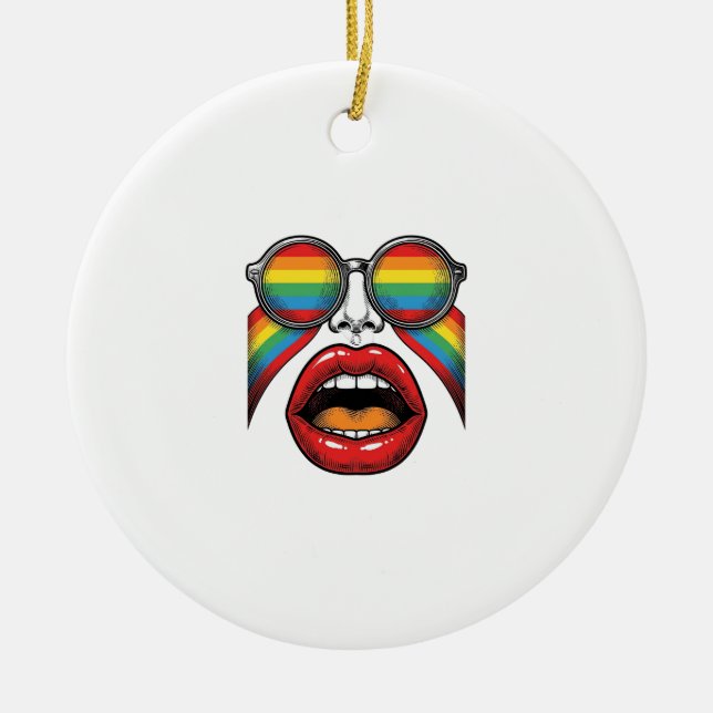 Retro Rainbow Sunglasses Lips Face Vector Design_1 Ceramic Ornament (Front)