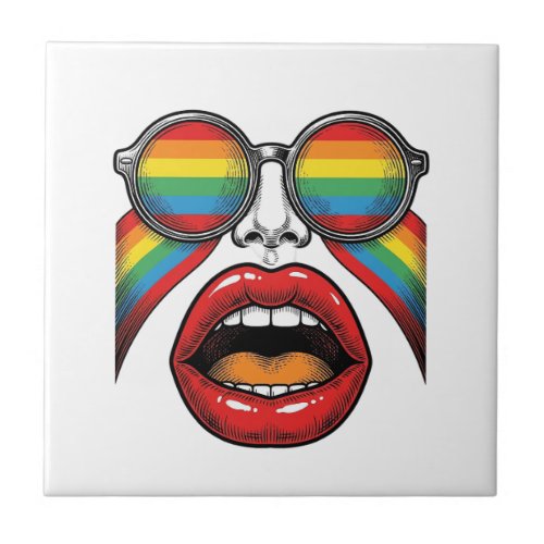 Retro Rainbow Sunglasses Lips Face Vector Design_1 Ceramic Tile