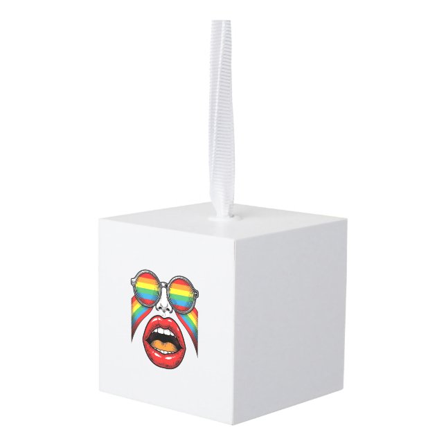 Retro Rainbow Sunglasses Lips Face Vector Design_1 Cube Ornament (Back Angled)