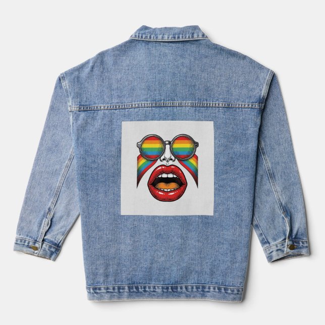 Retro Rainbow Sunglasses Lips Face Vector Design_1 Denim Jacket (Back)