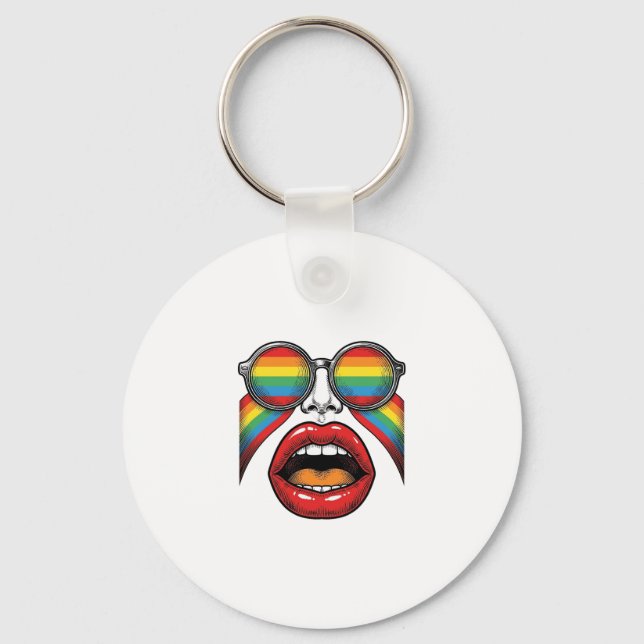 Retro Rainbow Sunglasses Lips Face Vector Design_1 Keychain (Front)