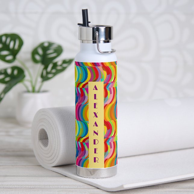 Retro Rainbow Swirls pattern Personalized Name Water Bottle (Yoga)