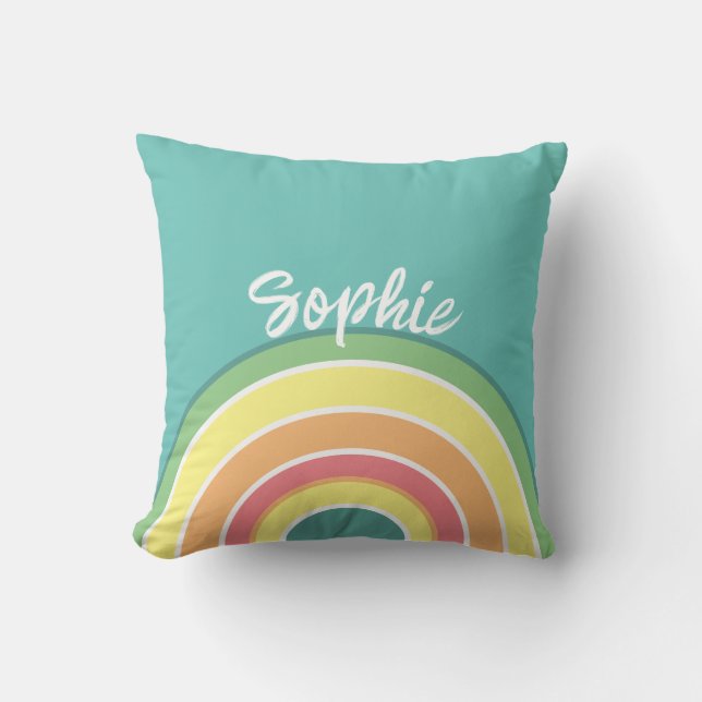 Retro Rainbow Teal Personalized Pillow (Front)