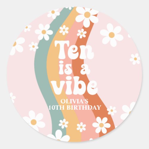 Retro Rainbow Ten is a Vibe Daisy 10th Birthday Classic Round Sticker